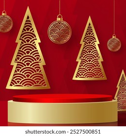 3d Podium round stage style, for Merry Christmas and happy new year and festivals or greeting festival on paper cut art and craft with color background and festive elements