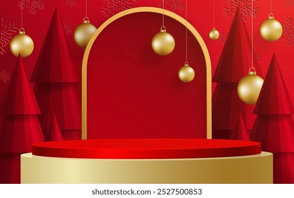 3d Podium runden Bühne Stil, für Frohe Weihnachten und guten Rutsch ins neue Jahr und Festivals oder Grußfestival auf Papier schneiden Kunst und Handwerk mit Farbhintergrund und festliche Elemente