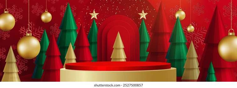 3d Podium round stage style, for Merry Christmas and happy new year and festivals or greeting festival on paper cut art and craft with color background and festive elements