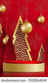 3d Podium round stage style, for Merry Christmas and happy new year and festivals or greeting festival on paper cut art and craft with color background and festive elements