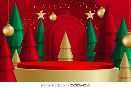 3d Podium round stage style, for Merry Christmas and happy new year and festivals or greeting festival on paper cut art and craft with color background and festive elements