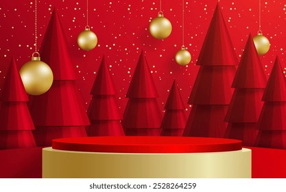 3d Podium estilo de palco redondo, para Feliz Natal e feliz ano novo e festivais ou festival de saudação em papel corte arte e artesanato com fundo de cor e elementos festivos