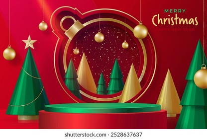 3d Podium round stage style, for Merry Christmas and happy new year and festivals or greeting festival on paper cut art and craft with color background and festive elements