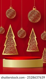 3d Podium round stage style, for Merry Christmas and happy new year and festivals or greeting festival on paper cut art and craft with color background and festive elements