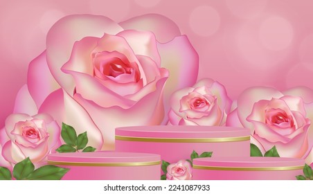 3d podium round stage for Valentine day with red and gold heart for I love you day, red paper cut art and craft on red color background with festive elements