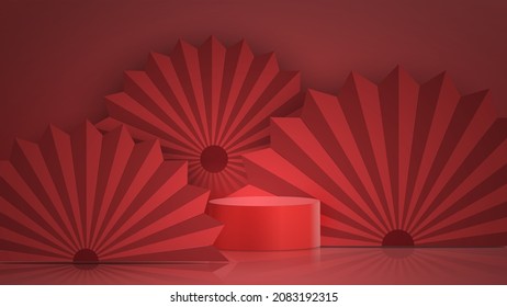 3d Podium round of vector, Circle box stage podium and paper art Chinese new year, Chinese Festivals, Red paper cut, Fan of asian elements with craft style on background.