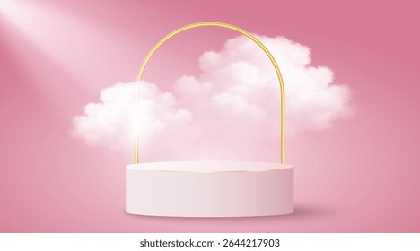3D podium scene with elegant round platforms and a golden arc against pink backdrop with soft light effect and realistic, fluffy clouds. Design for product presentation, sale or branding. Vector.