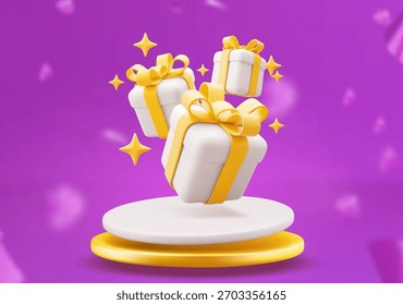Escena del podio 3d con la caja de regalo blanca voladora con el arco amarillo. Diseño festivo del Anuncio, tarjeta de felicitación. Renderización 3D. Ilustración vectorial