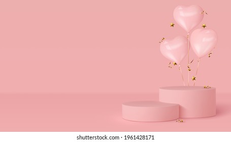 3d podium scene with glossy heart balloons. Mockup for product presentation with copy space. Design for Valentines, Mothers day or wedding. Minimal background in pink color. Vector illustration.
