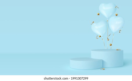 3d Podium Scene With Glossy Heart Balloons. Mockup For Product Presentation With Copy Space. Design For Fathers Day. Minimal Background In Blue Color. Vector Illustration.