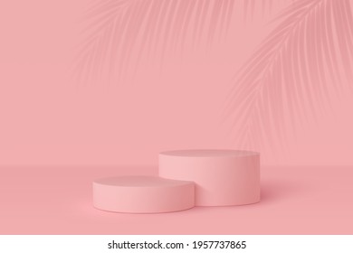 3d podium scene with palm leaves shadow. Mockup for product presentation with copy space. Winner pedestal in studio, minimal background in pink or coral color. Vector illustration.