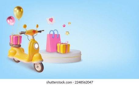 Escena de podio 3d con Bolsa de papel, regalo actual y estilo de caricatura de plasticina escocesa amarilla sobre un azul. Ilustración del vector