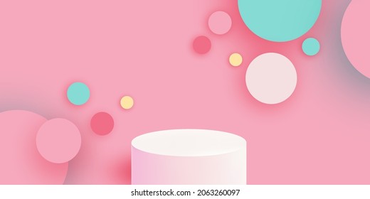 3D Podium scene or pedestal on pastel background with minimal geometric shapes paper cut craft studio for display product mockup design. Circles.