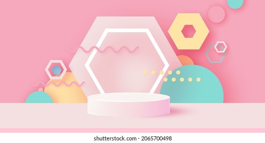3D Podium scene or pedestal on pastel background with minimal geometric shapes paper cut craft studio for display product mockup design. Circles, hexagons. Vector