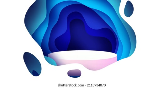3D Podium scene or pedestal on blue wave background with minimal wavy shapes paper cut craft studio for display product mockup design.