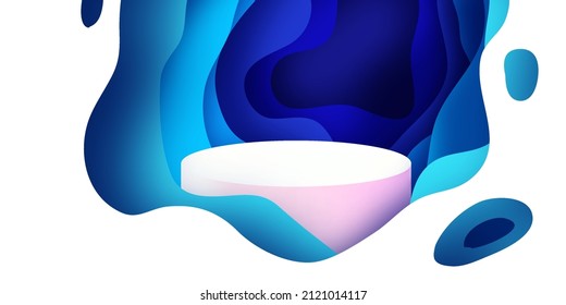 3D Podium scene or pedestal on blue wave background with minimal wavy shapes paper cut craft studio for display product mockup design.