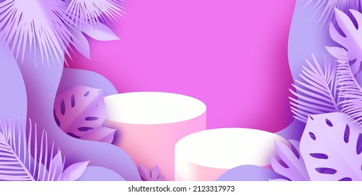 3D Podium scene or pedestal on very peri wave background with tropical palm leaves paper cut craft studio for display product mockup design.