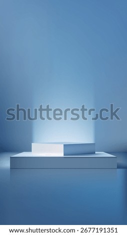 3d podium scene with two tiered blue and white platform softly light beam from behind a reflective and minimalist surface ideal for product showcase mockup showroom and branding displays
