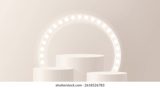 3d podium set beige with lamp circle behind. Realistic cream stage and neon or led glowing light strip in abstract room or studio for display your product. Minimal podium showcase with light.