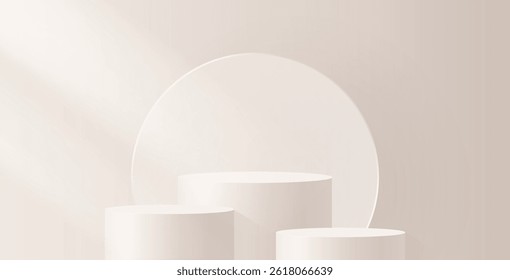 3d podium set beige with. Realistic cream stage in abstract room or studio for display your product. Minimal podium showcase with window light overlay effect.
