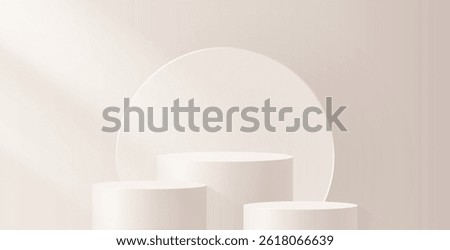 3d podium set beige with. Realistic cream stage in abstract room or studio for display your product. Minimal podium showcase with window light overlay effect.
