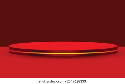 Conjunto de pódio 3D com dois cilindros vermelhos contra um fundo vermelho correspondente, ideal para mostrar produtos ou apresentações de eventos com elegância.