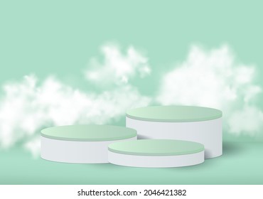 Podio 3D en fondo verde. Parada de podio con luz de sombra sobre el fondo de la nube. Ilustración vectorial del diseño de lujo para la presentación de productos, simulación con fondo de podio.