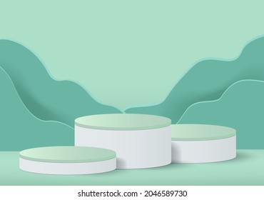 3D Podium set in green background. Cylinder podium stand with paper craft. Vector illustration of natural design for product display mock up with podium stand background.