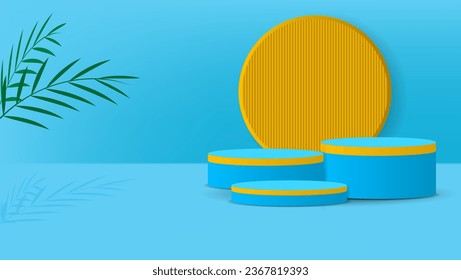 3d podium set with leaves in blue and orange color for product display presentation. vector illustration