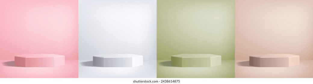 3D podium set in minimalist studio background. Monochrome showroom or photo space of pink, white, beige and olive colors with low platform. Empty square vector template for product presentation.