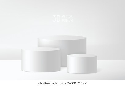 3D podium set white color with light and shadow. Realistic  product scene pedestal, grey showcase mockup 3d stage, blank podium award place for business, sport, cosmetic products, vector illustration.