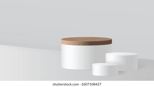 3D podium set white color from angle view in empty room with light and shadow. Realistic product scene pedestal, 3d stage mockup, blank podium place for business, sport, cosmetic products, vector eps.