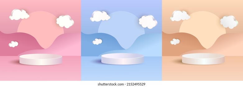 3D Podium set. White pedestal in beige blue pink scene, showcase for products presentation and advertising. Empty round platform on pastel background with clouds, minimal  design. Vector backdкщз