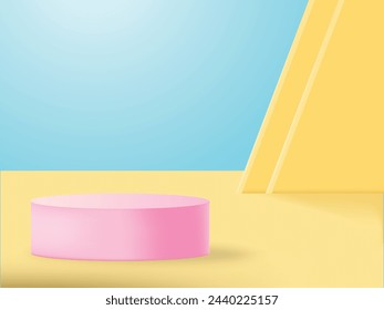 3D podium shapes on a yellow background blue sky