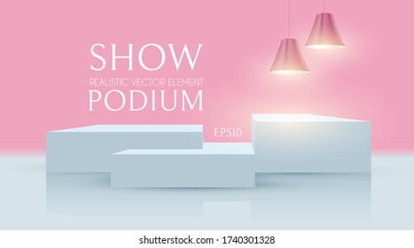 3D podium with shining lamps. Realistic minimal empty scene. Showcase and shelf. Trendy empty stage.