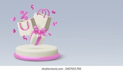 3D podium, shopping bags and gift box. Sale and discount vector banner with pink hearts, percentage and copy space. Valentine's day or Mother's Day three dimensional holiday scene design.