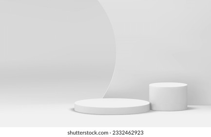 3d podium showroom white curved wall cylinder basic foundation realistic vector illustration. Pedestal construction round geometric platform exhibition stand award arena win ceremony celebration