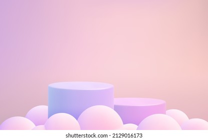 3d podium in sky with cartoon clouds pink background. Minimal gradient scene with standing cylindrical pedestal. Modern presentation, sale, display of products. Vector illustration