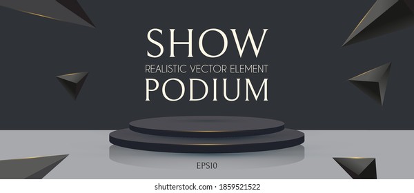 3D podium with soft reflection and flying triangles. Realistic minimal empty scene. Showcase and shelf. Trendy black and white empty stage.