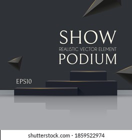 3D podium with soft reflection and flying triangles. Realistic minimal empty scene. Showcase and shelf. Trendy black and white empty stage.