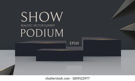 3D podium with soft reflection and flying triangles. Realistic minimal empty scene. Showcase and shelf. Trendy black and white empty stage.