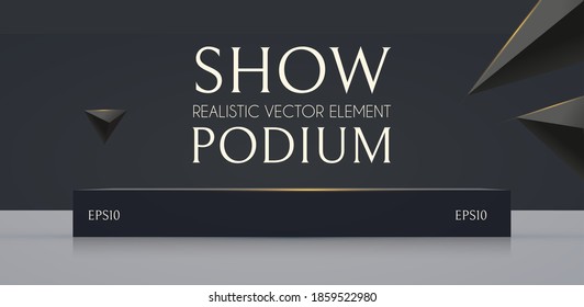 3D podium with soft reflection and flying triangles. Realistic minimal empty scene. Showcase and shelf. Trendy black and white empty stage.