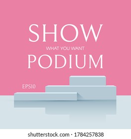 3D podium with soft reflection. Realistic minimal empty scene. Showcase and shelf. Trendy empty stage.