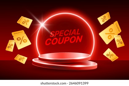 podium 3d avec des bon de réduction spéciaux volant autour, isolé sur fond rouge profond avec effet de lumière en cercle. Template de bannière à prix réduit avec bon cadeau et podium en Image vectorielle 3d