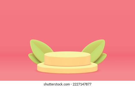 3d podium spring level cylinder foundation leaves foliage decor element for promo presentation realistic vector illustration. Pedestal summer leaf construction product advertising award arena design
