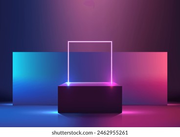 3D podium with square glowing neon and neon colors backdrop on a dark background, technology concept, product display, mockup, showroom, showcase. Vector illustration