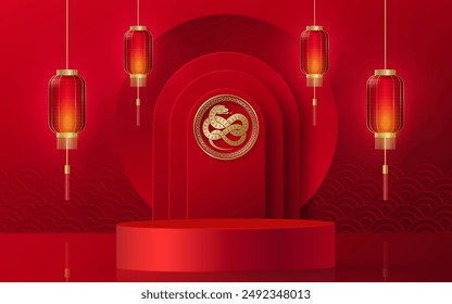 3d Podium quadratische Bühne für glückliches chinesisches Neujahr 2025 Schlange Sternzeichen, auf farbigem Hintergrund (Chinesische Übersetzung: glückliches neues Jahr 2025, Jahr der Schlange)