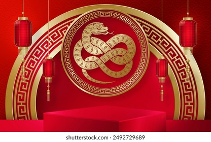 3d Podium square stage for happy Chinese new year 2025 Snake Zodiac sign, on color background (Chinese Translation: happy new year 2025, year of Snake)