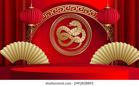 3d Podium square stage for happy Chinese new year 2025 Snake Zodiac sign, on color background (Chinese Translation: happy new year 2025, year of Snake)