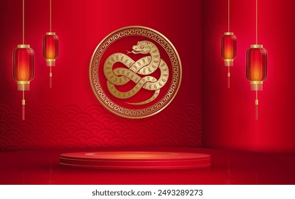 3d Podium square stage for happy Chinese new year 2025 Snake Zodiac sign, on color background (Chinese Translation: happy new year 2025, year of Snake)